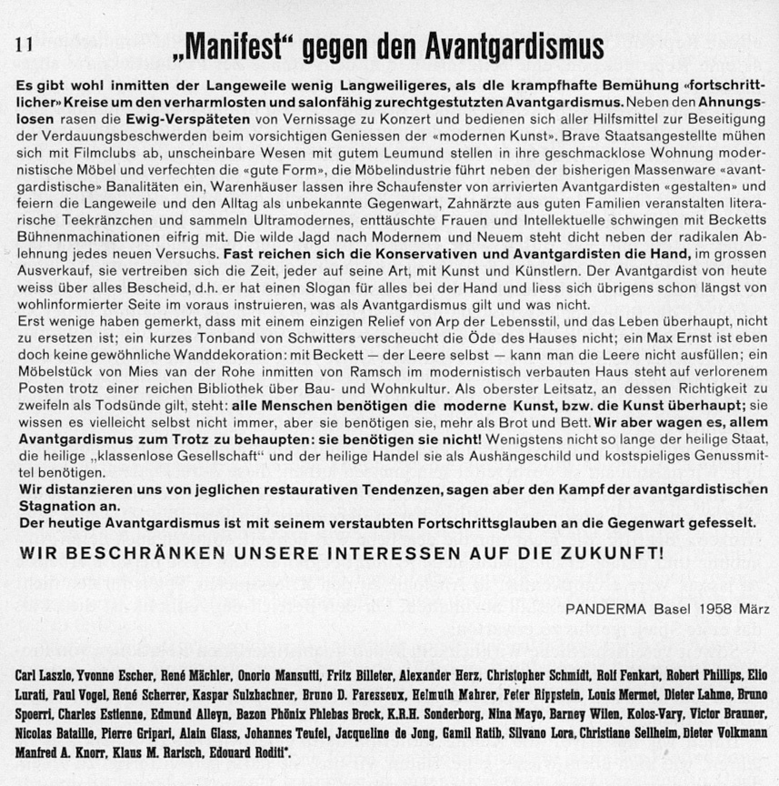 "Manifest" gegen den Avantgardismus (Flugblatt/Plakat), Bild: PANDERMA Basel 1958 März.