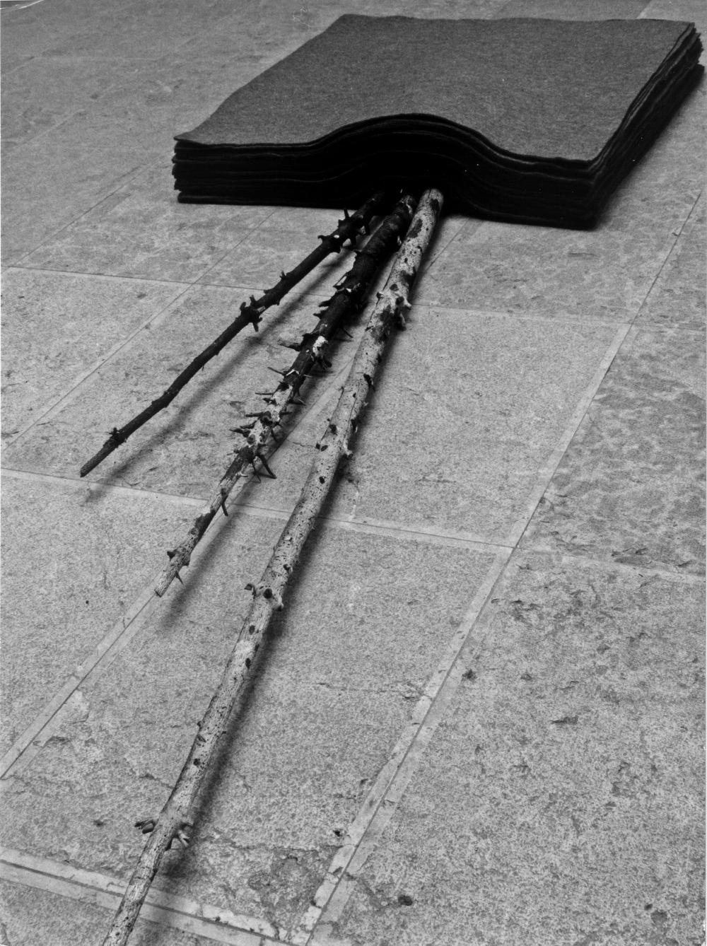 Josef Beuys ›Schneefall‹ plastische Assemblage, Filzplatten über Tannenstämmen - 1972