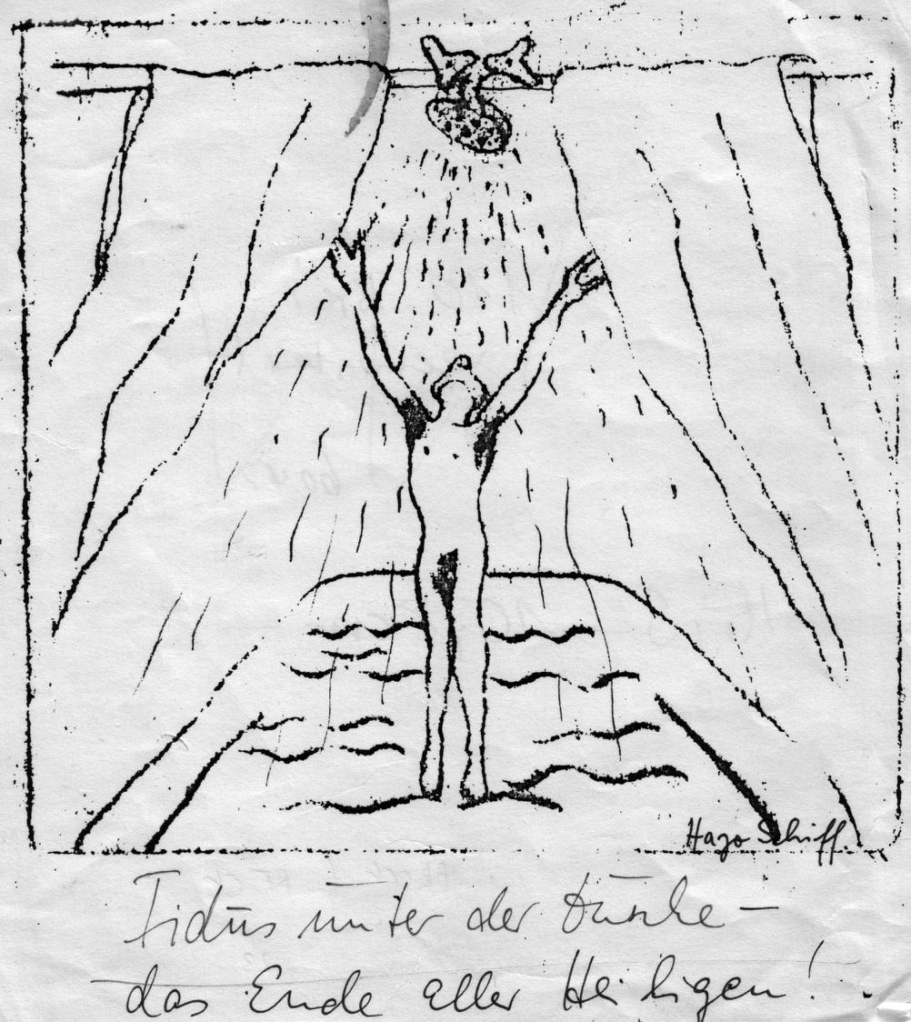 "Fidus unter der Dusche – das Ende aller Heiligen!", Bild: Studentisches Vorlesungsgraffiti von Hajo Schiff, ca. 1895.