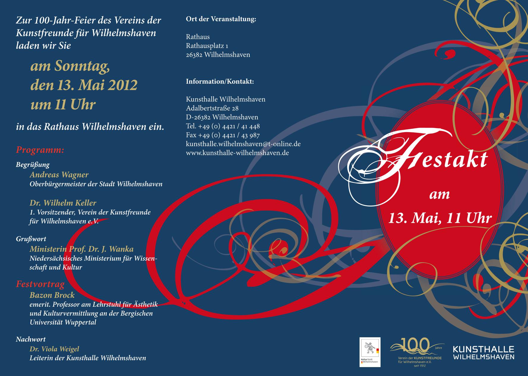 Festakt zur 100-Jahr-Feier des Vereins der Kunstfreunde für Wilhelmshaven am 13.05.2012, Bild: Programm, S. 1..