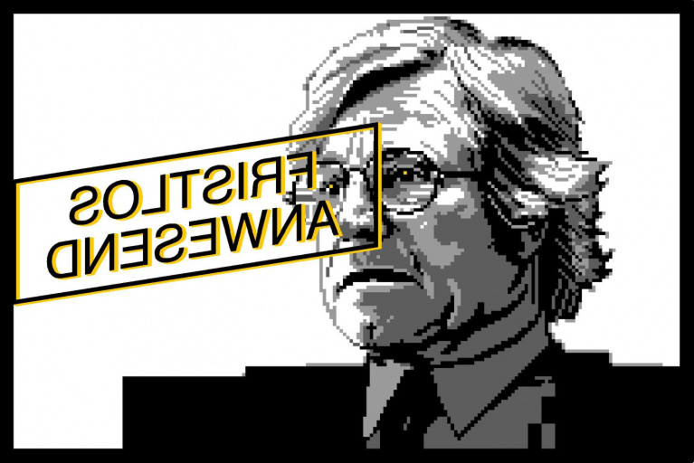 Bazon Brock fristlos anwesend, Bild: Gestaltung/Idee: Petrus Wandrey.