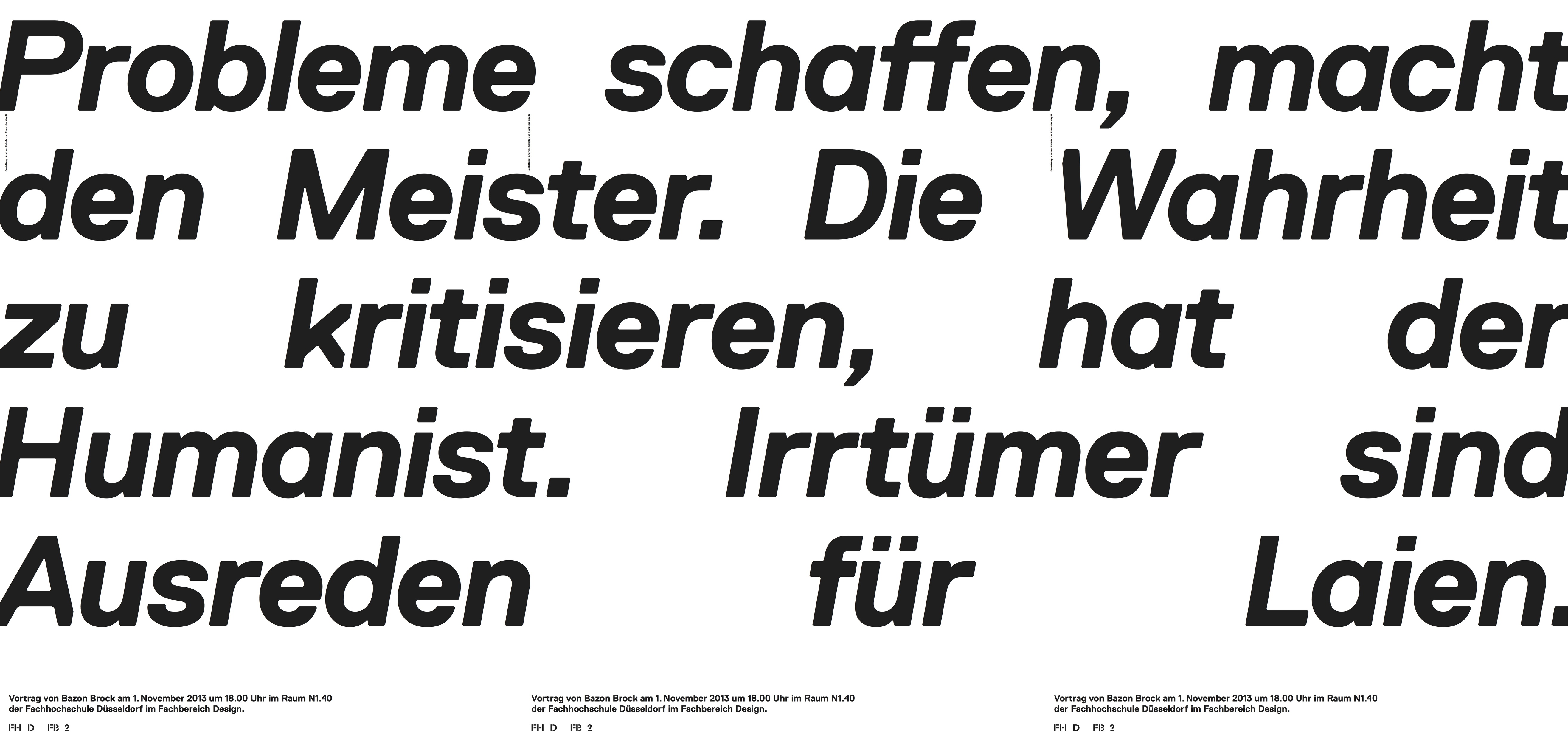 Probleme schaffen, macht den Meister. Die Wahrheit zu kritisieren, hat der Humanist. Irrtümer sind Ausreden für Laien., Bild: Flyer. Vortrag an der FH Düsseldorf, 1.11.2013..