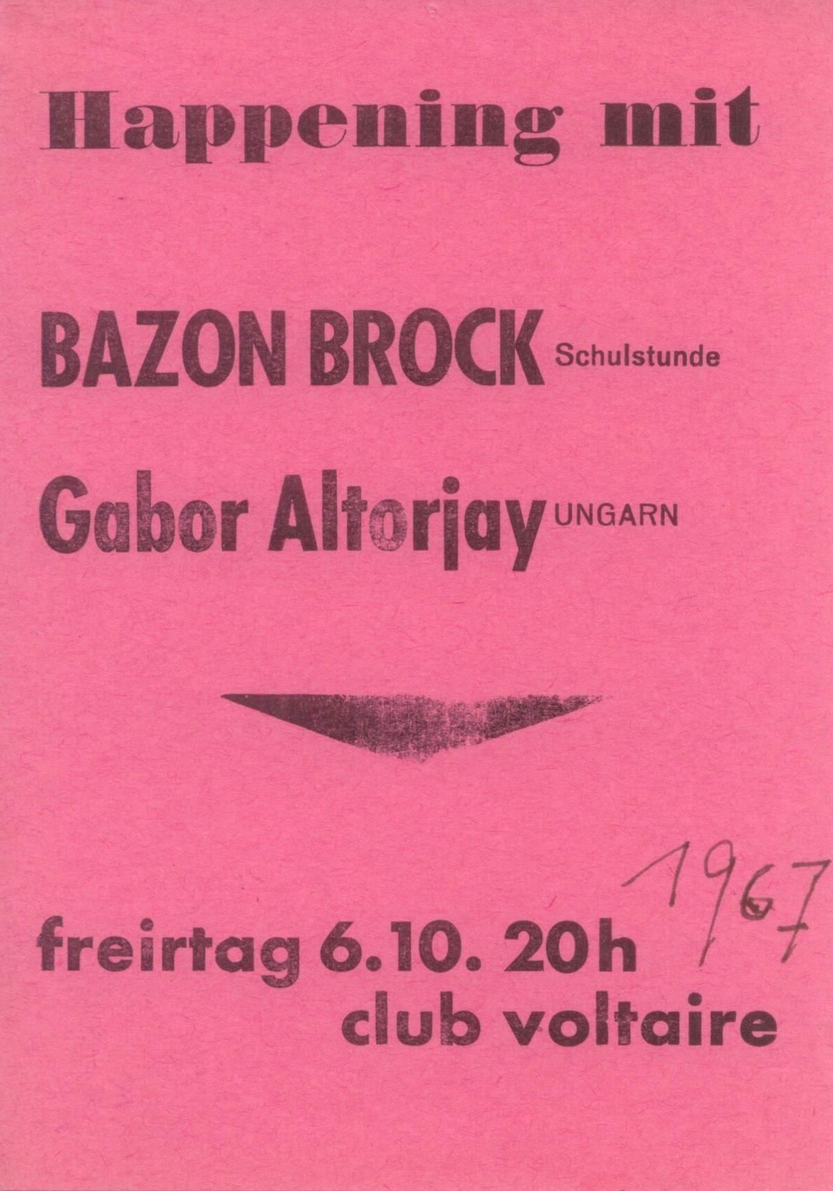 Happening mit Bazon Brock, Schulstunde mit Gabor Altorjay/Ungarn, Bild: freirtag 6.10. 20 h [1967] club voltaire.