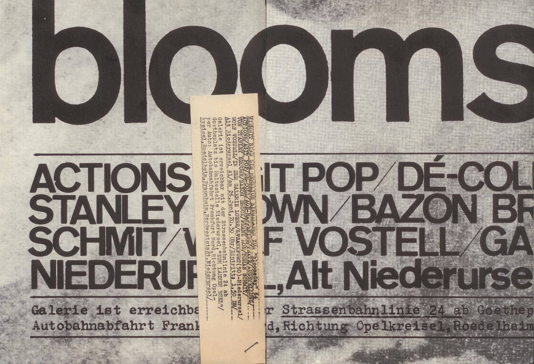 bloomsday, Bild: ACTIONS / AGIT POP / DÉ-COLLAGE / AGE-HAPPENING / TEXTE / AUSSTELLUNG. Galerie Loehr, Frankfurt - Niederursel. 26. Juni 1963. (Vorder- & Rückseite).