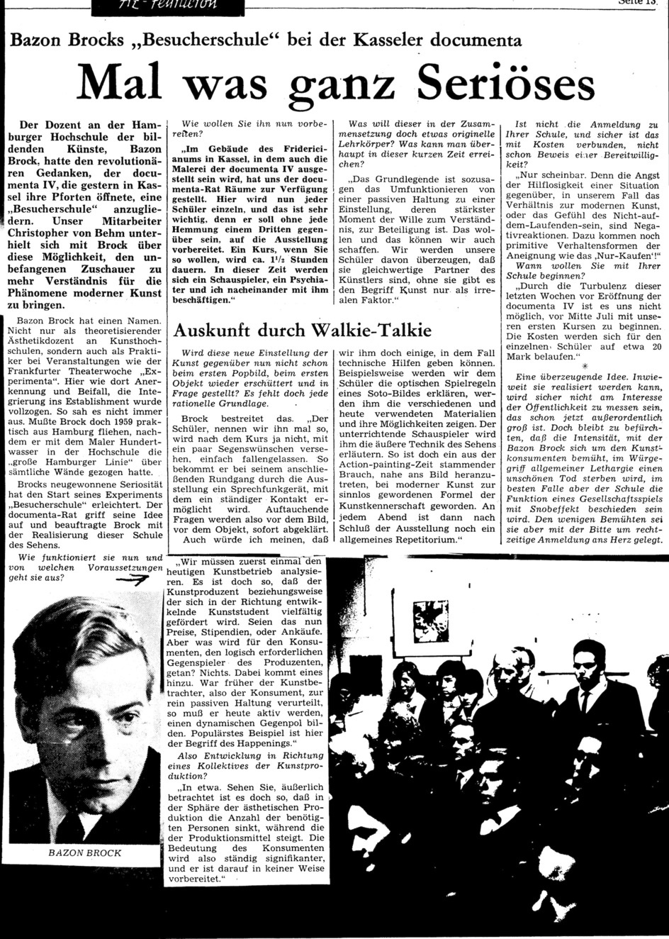 Mal was ganz Seriöses, Bild: Rezension der ersten Besucherschule anläßlich der documenta 4, 1968.