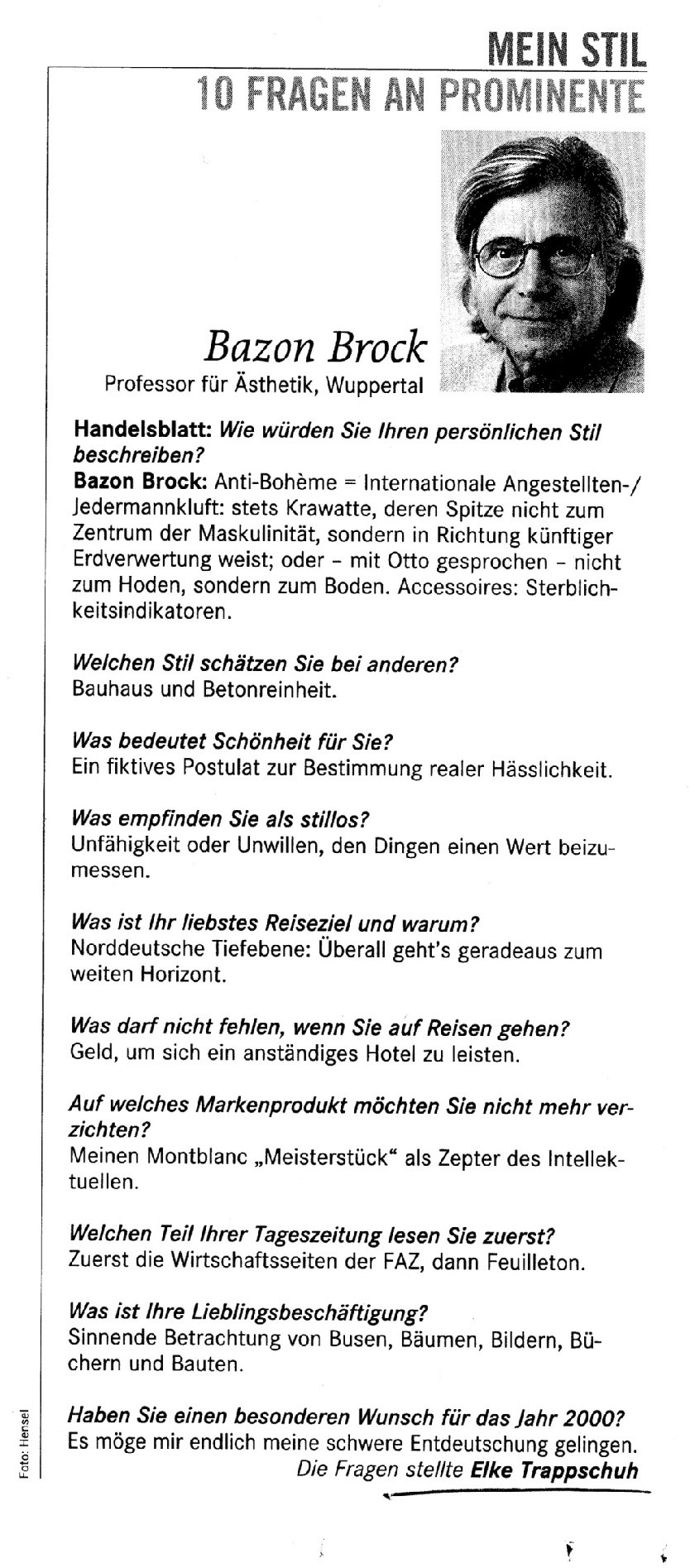 Mein Stil, Handelsblatt 26./27. November 1999