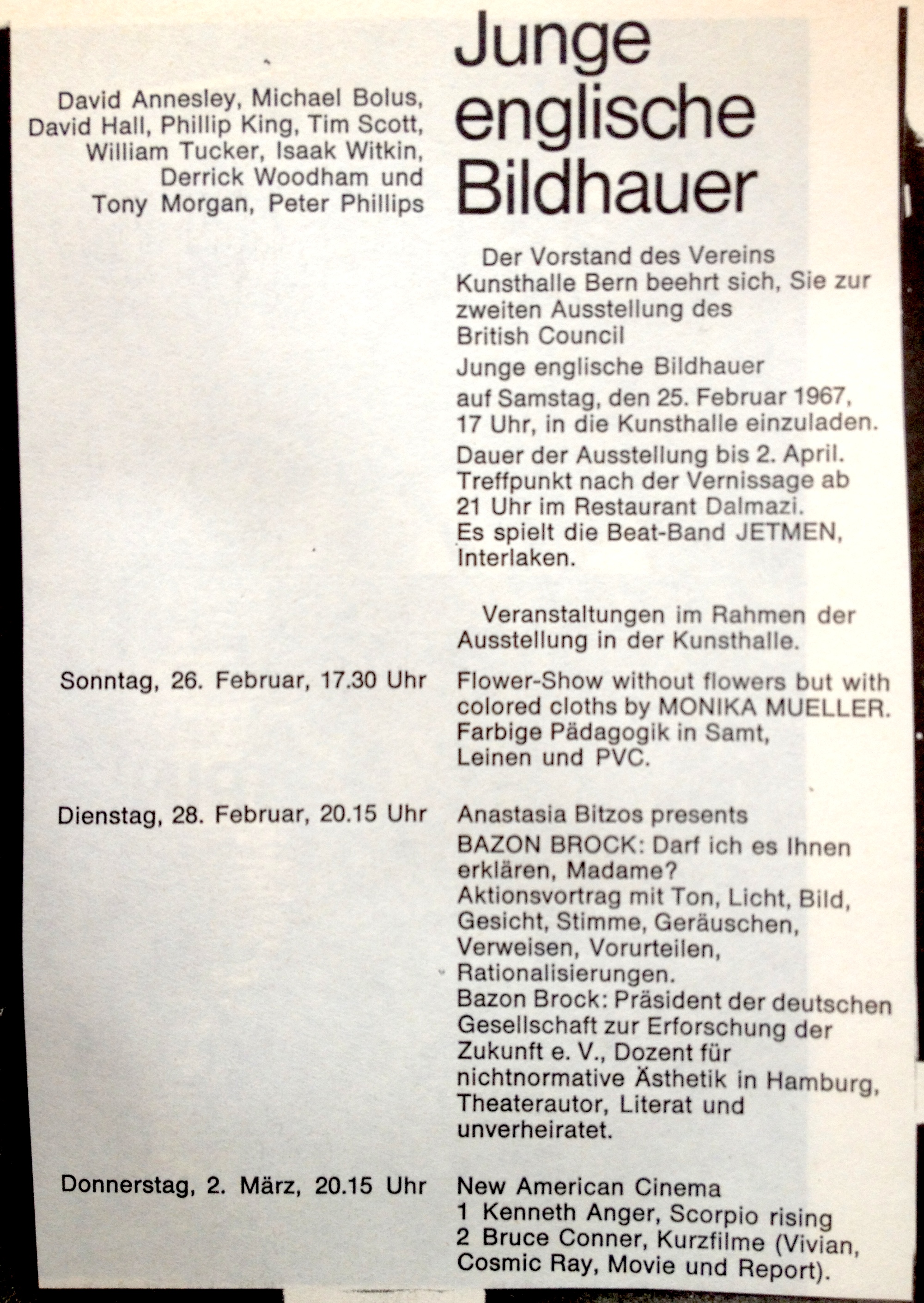 Junge englische Bildhauer, Bild: Ausstellung Kunsthalle Bern, 25.02.-02.04.1967.