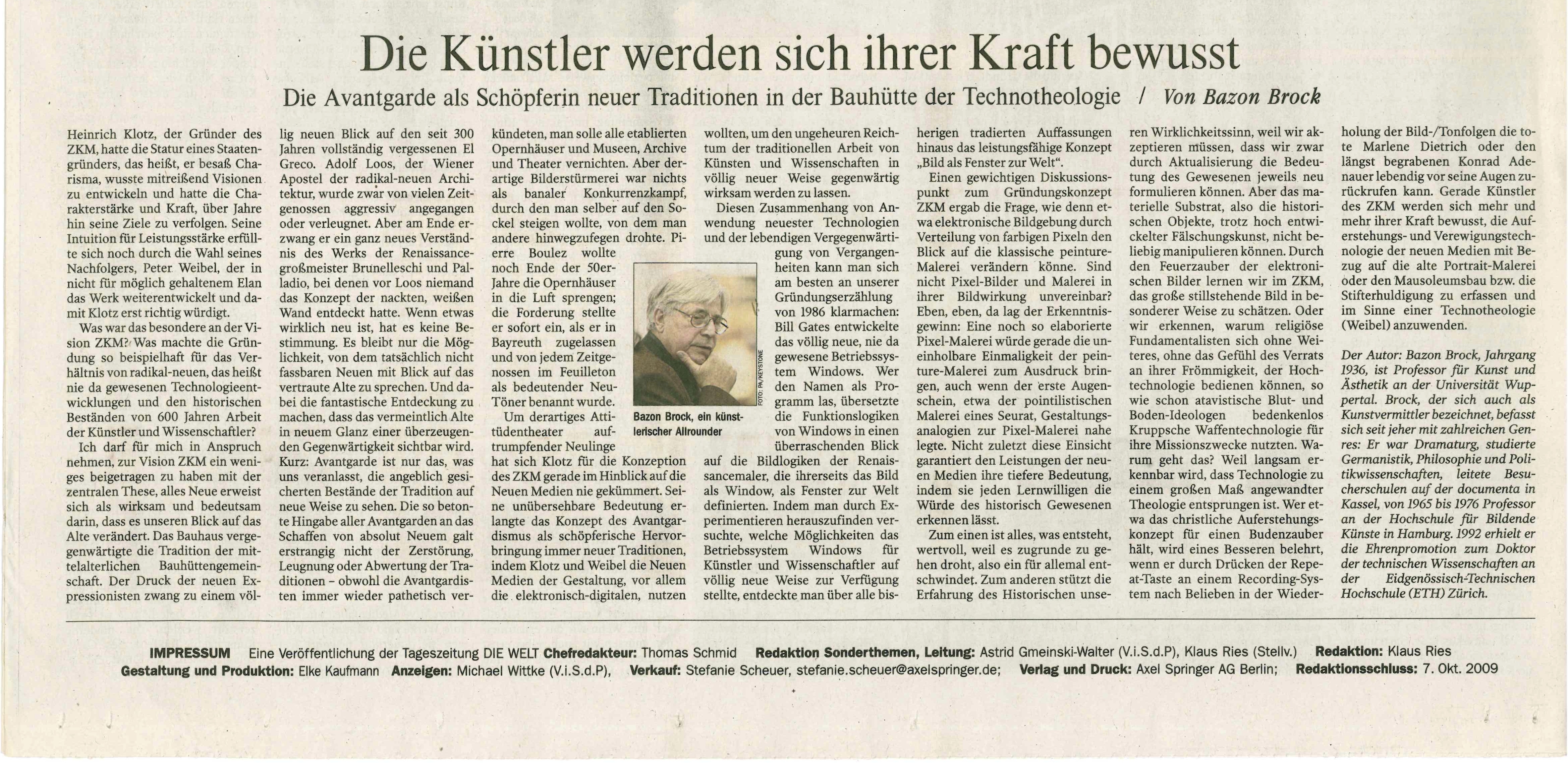 Die Künstler werden sich ihrer Kraft bewusst, Bild: DIE WELT, 09.10.2009.