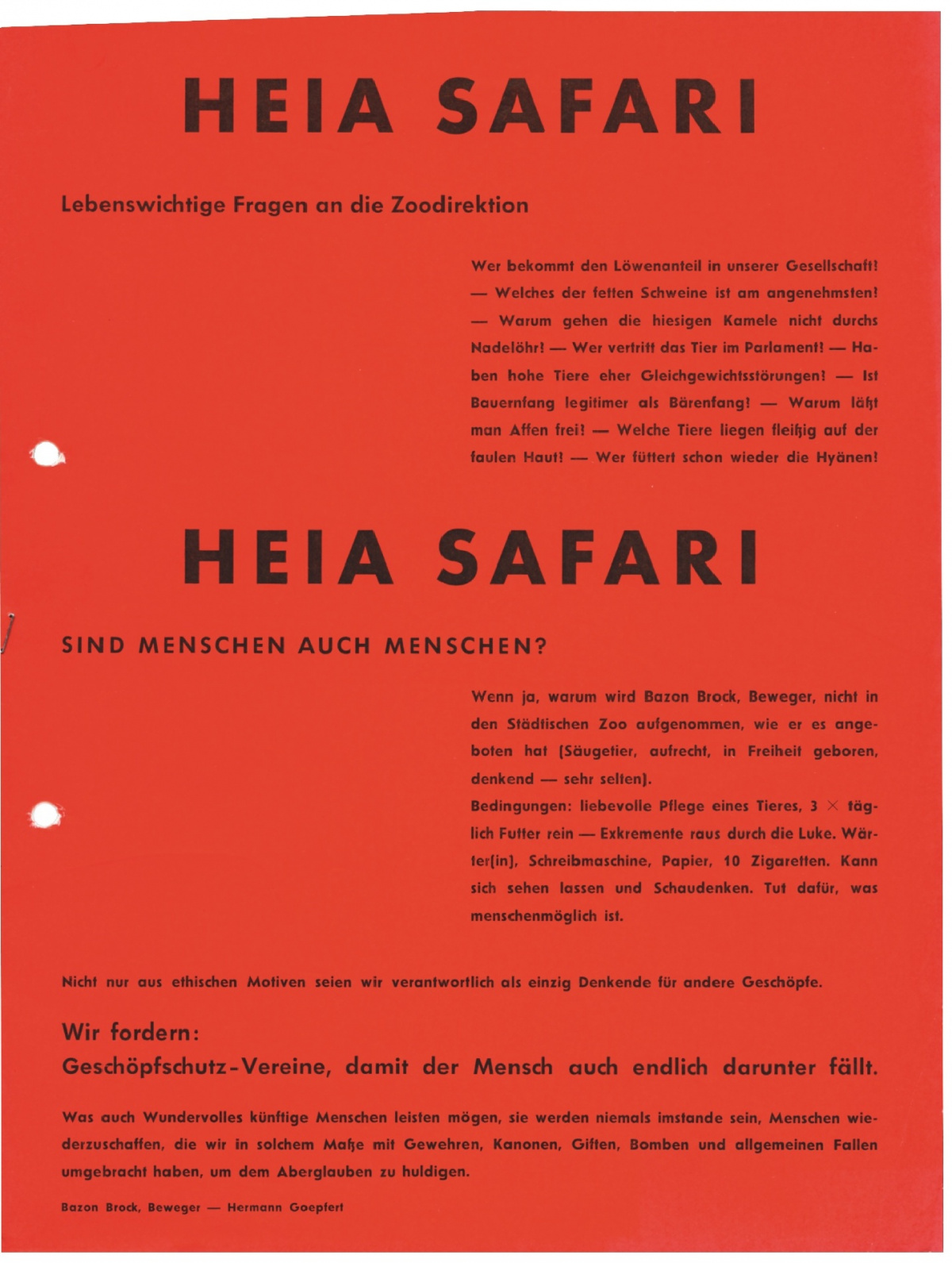 Heia Safari, Bild: Plakat zur Aktion im Rahmen der "Donnerstagsmanifeste" von Bazon Brock und Hermann Goepfert, Frankfurt am Main 1962/63..