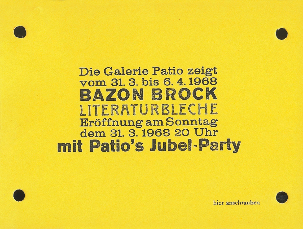 Ausstellungshinweis "Literaturbleche", Bild: Galerie Patio, Frankfurt, 31.03.-06.04.1968.