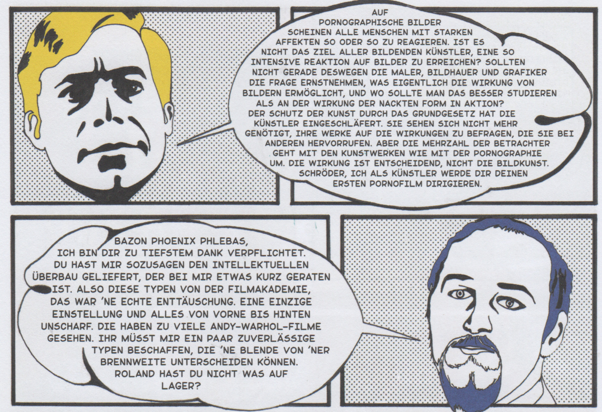 Weißt Du schon, woher die kleinen Zinsen kommen?, Bild: Aus: Tod des Adorno. Comic von Helmut Wietz. Metrolit-Verlag.