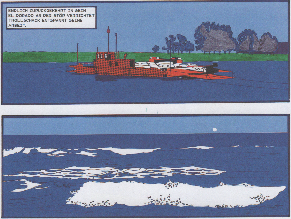 Charon, nach Hause, nach Hause, ins Edorado an der Stör!, Bild: Aus: Tod des Adorno. Comic von Helmut Wietz. Metrolit-Verlag.