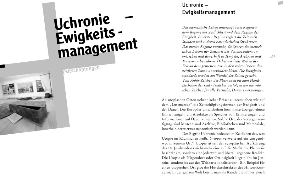 Lustmarsch durchs Theoriegelände, Bild: Seite 302-303: Uchronie - Ewigkeitsmanagement. Gestaltung: Gertrud Nolte..